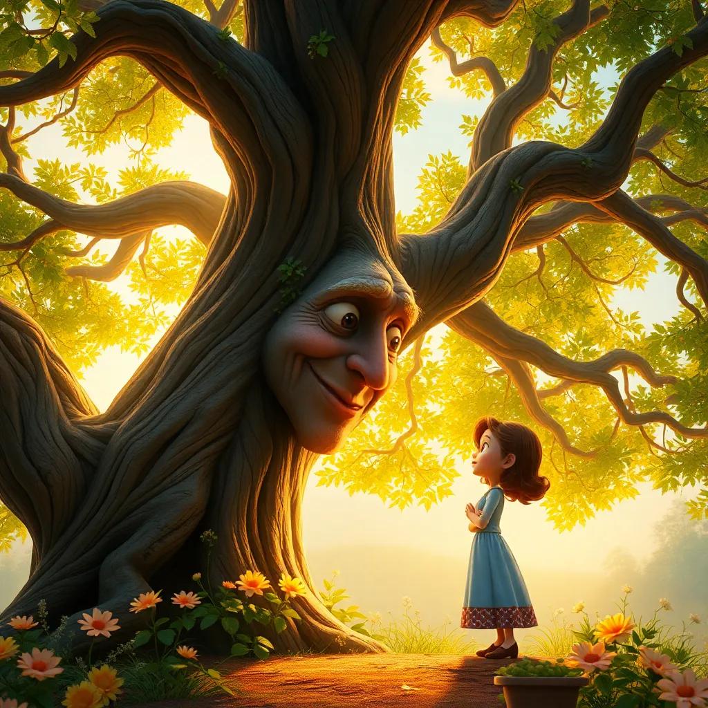 Un viejo árbol grande, con un rostro amigable, hablando con Clara, rodeado de luz dorada y flores, arte digital, mágico, acogedor, vista amplia, calidad vibrante