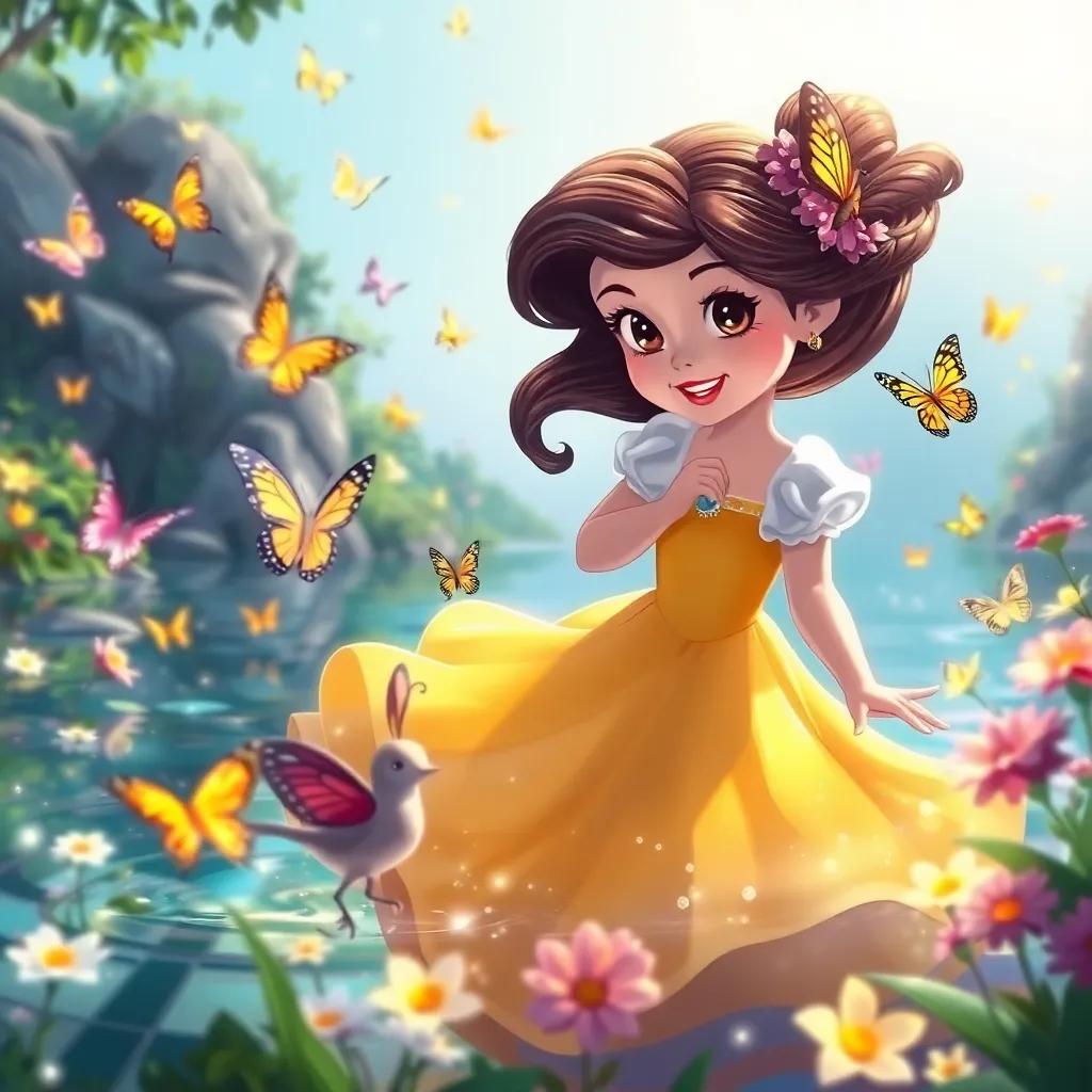 Clara descubriendo un estanque brillante, con ranas y mariposas coloridas danzando alrededor, una atmósfera mágica y alegre, ilustración, brillante, feliz, enfoque claro y colorido