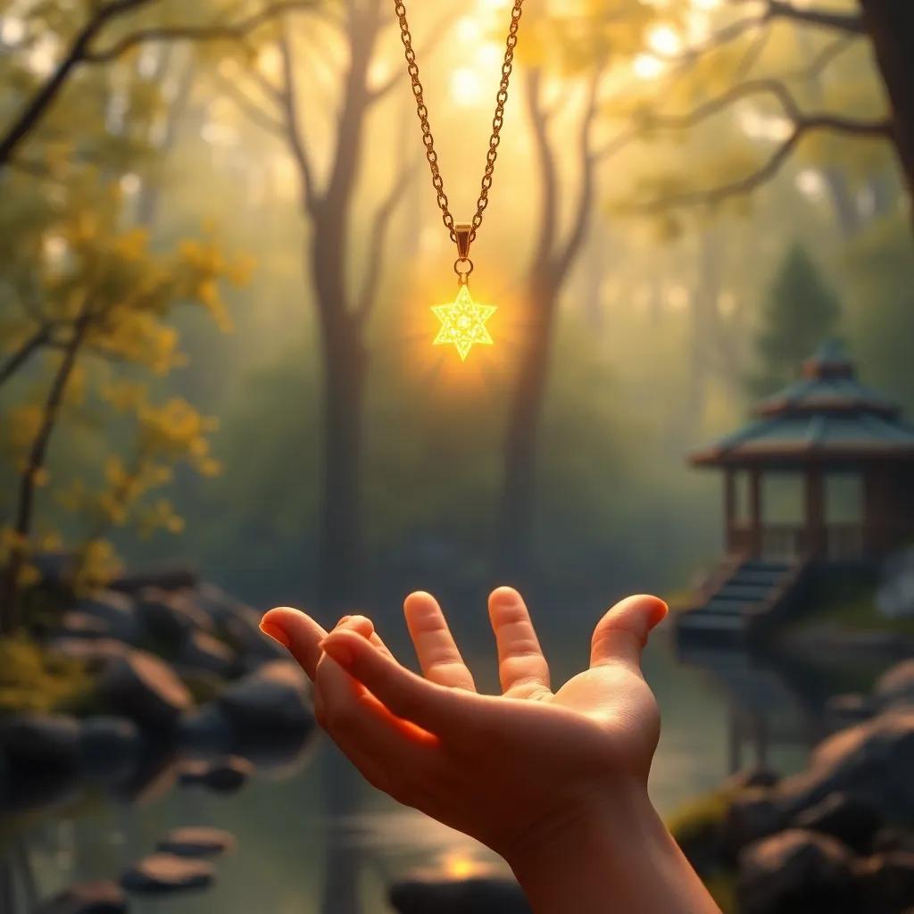 El colgante en forma de estrella en la mano de Clara, con el estanque y el bosque de fondo, destacando su brillo dorado, arte digital, tono cálido, mágico, alto nivel de detalle