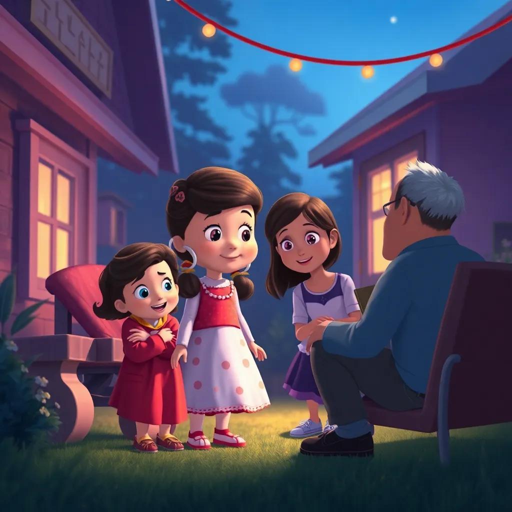 Clara regresando a casa, contando su aventura a su familia, en un ambiente cálido y acogedor, todos escuchando con entusiasmo, arte digital, familiar, acogedor, colorido a detalle