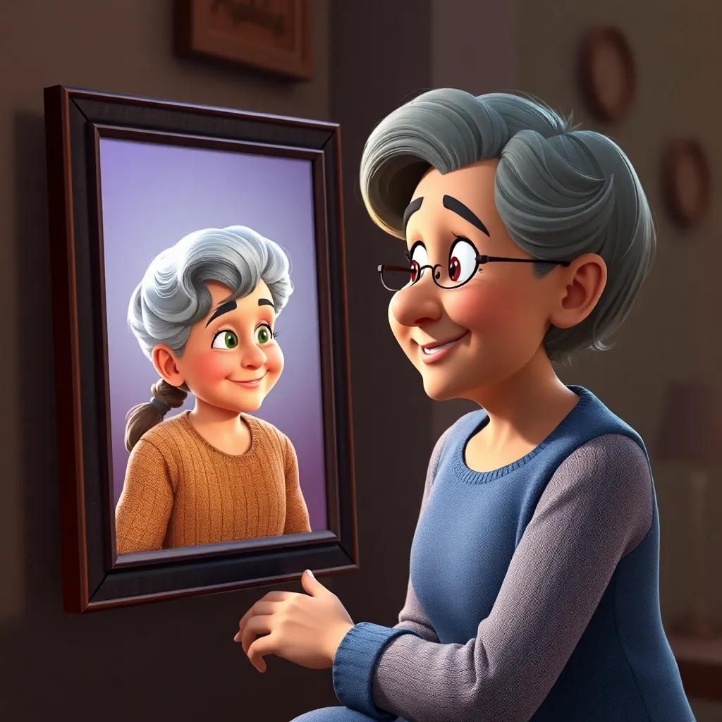 Clara mirando una fotografía de su abuela de joven con una sonrisa, diferentes momentos de aventuras representados en la imagen, arte digital, nostálgico, colorido, enfoque claro y emocional