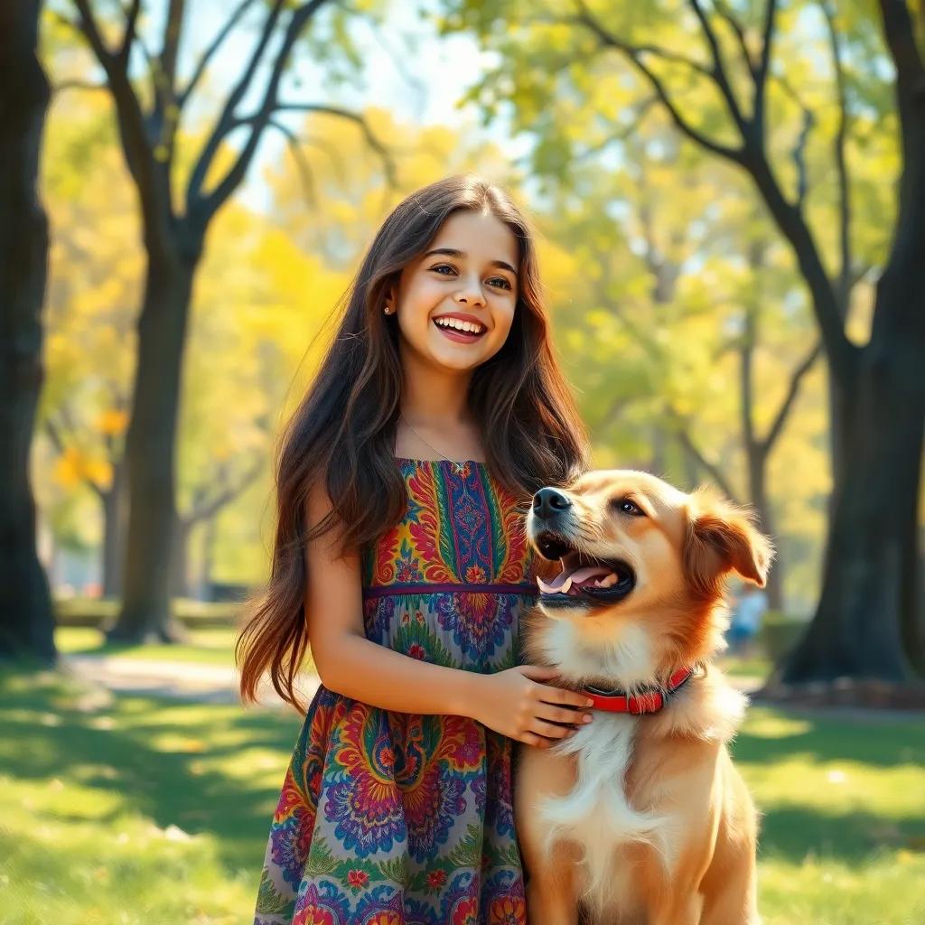 A young Spanish girl, Helena, with long brown hair, wearing a colorful dress, laughing in a sunny park with her playful dog, Chaval, a medium-sized brown dog, digital art, bright, cheerful colors, joyful atmosphere, high quality