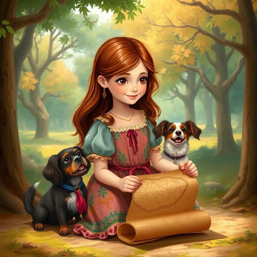 A young Spanish girl, Helena, with long brown hair, wearing a colorful dress, discovering a worn treasure map in a park surrounded by trees, her dog Chaval looking excited, illustration, warm light, adventure-themed, engaging imagery