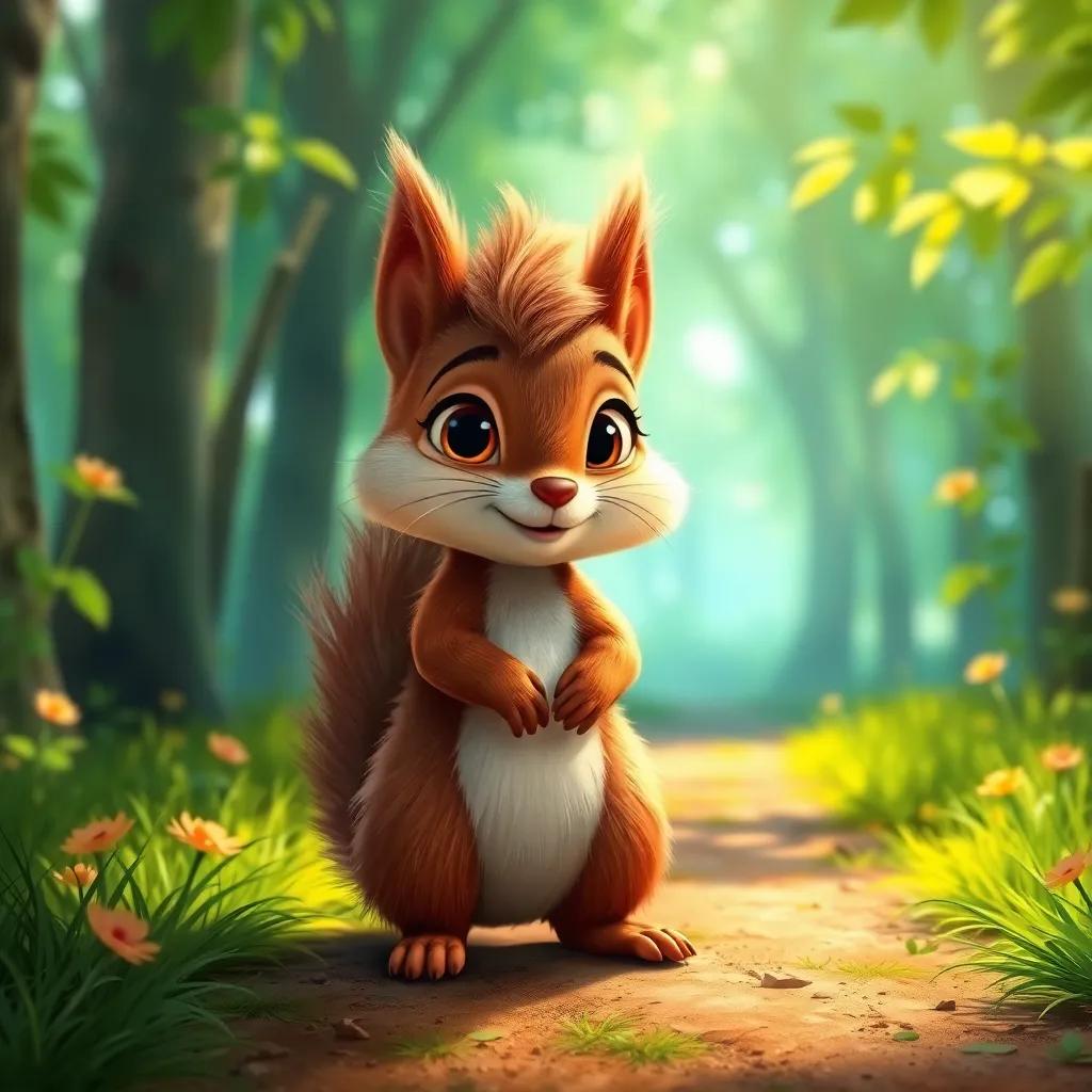 A small, brave squirrel named Rita, with a fluffy brown fur and bright eyes, standing at the start of a green forest path filled with sunlight, digital art, vibrant colors, cheerful scene, high quality