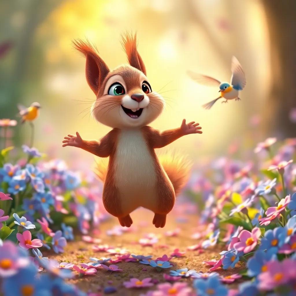 Rita, a small brave squirrel, jumping joyfully on a colorful path of blue flowers while listening to singing birds, warm light, bright atmosphere, playful style, high quality