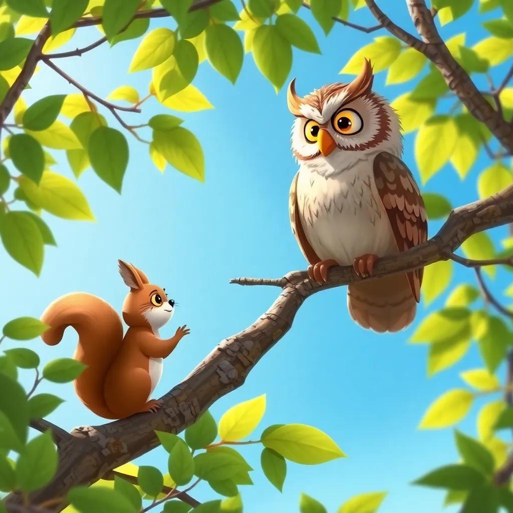 An old wise owl perched on a branch, giving advice to Rita the squirrel, surrounded by lush green leaves and a bright blue sky, friendly, illustrative style, high quality
