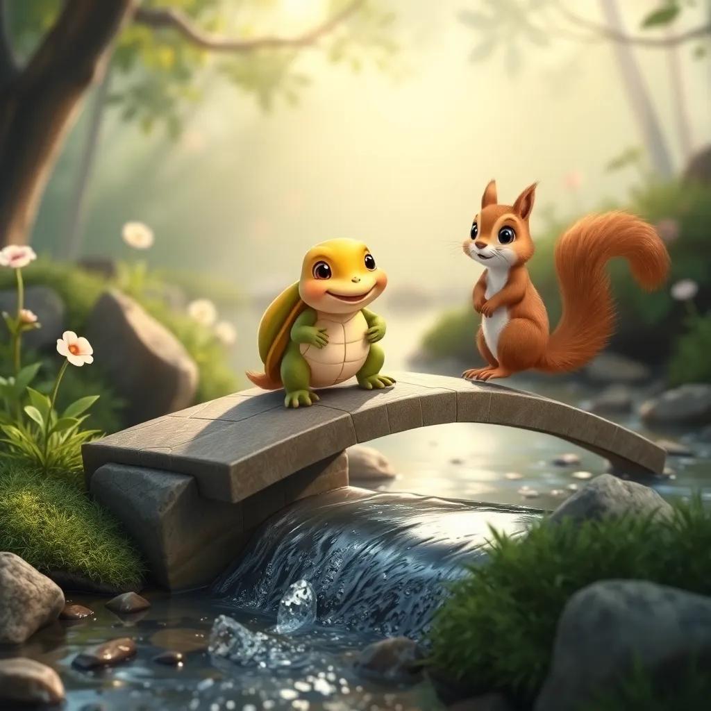 A small, helpful turtle on a tiny bridge over a sparkling stream, with Rita the squirrel smiling and helping her, soft light, inviting atmosphere, high quality
