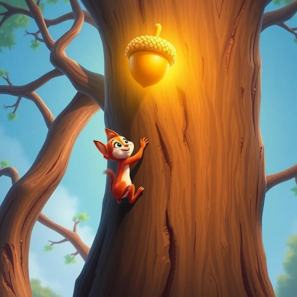 Rita the squirrel, climbing a giant tree with determination, a large golden acorn shining at the top, adventurous spirit, bright colors, high quality