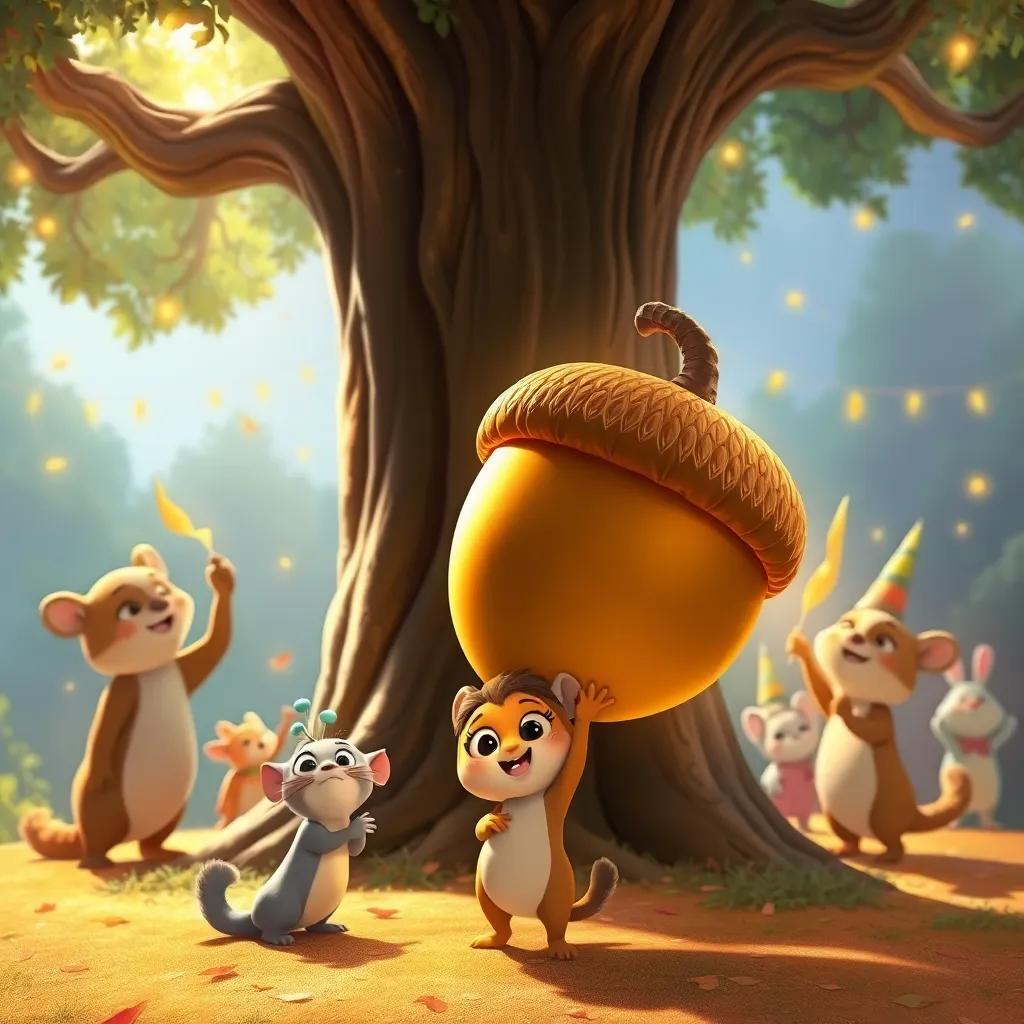Rita, at the bottom of the giant tree, holding a huge golden acorn in her tiny paws, surrounded by friends celebrating, happy atmosphere, warm colors, high quality