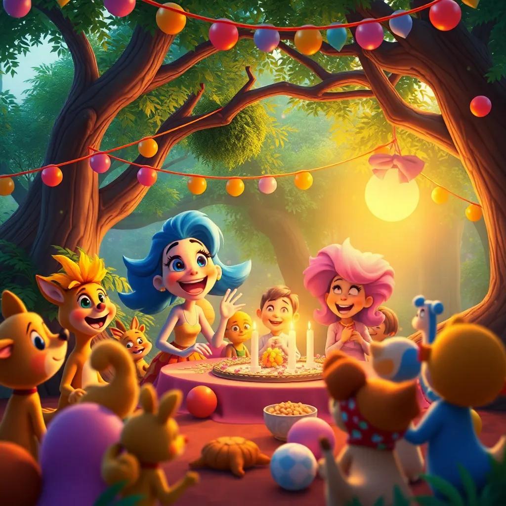 A joyful celebration scene with Rita and forest friends enjoying a big party under the trees, colorful decorations, laughter, festive spirit, high quality