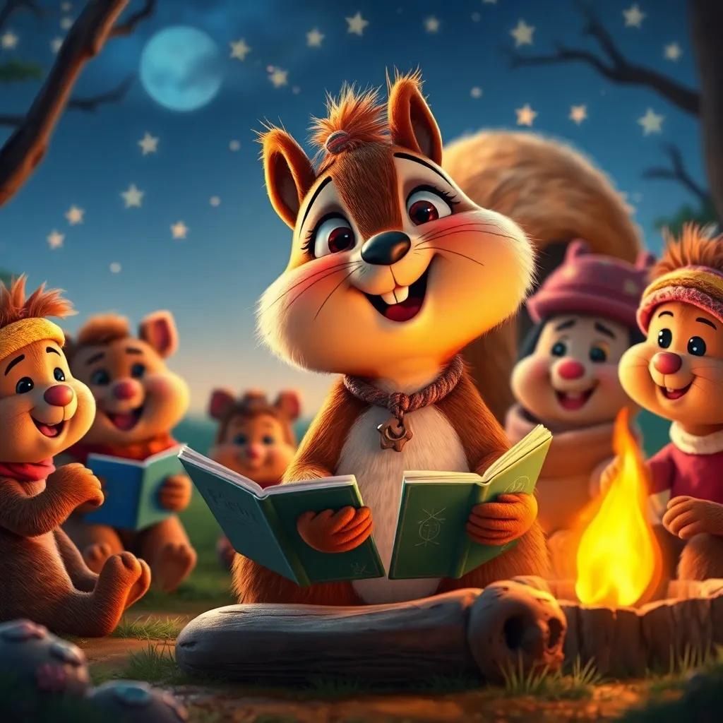 Rita, the famous squirrel with many friends, happily telling stories around a campfire, cozy setting, bright stars in the night sky, high quality