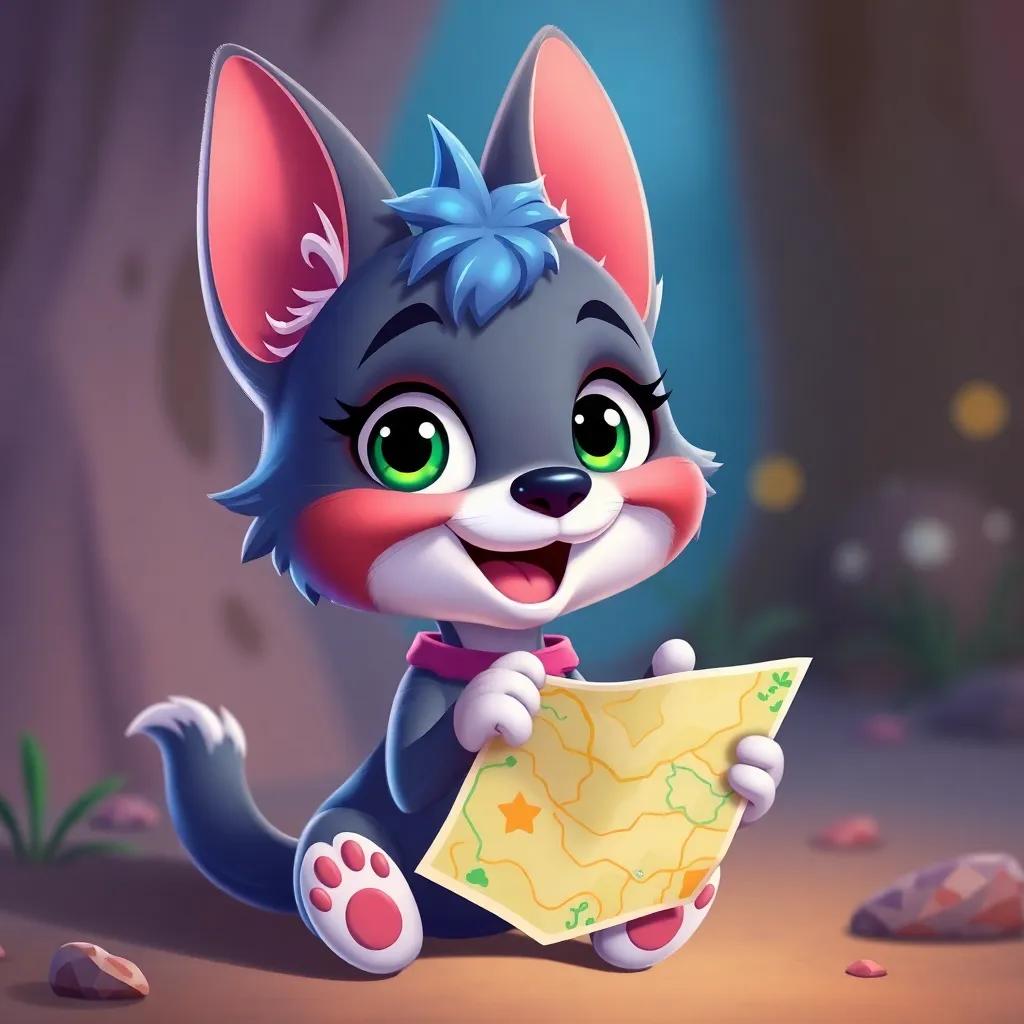 Rita always looking for new adventures with a map in her small paws, excited and ready for whatever comes next, vibrant colors, playful and engaging illustration, high quality