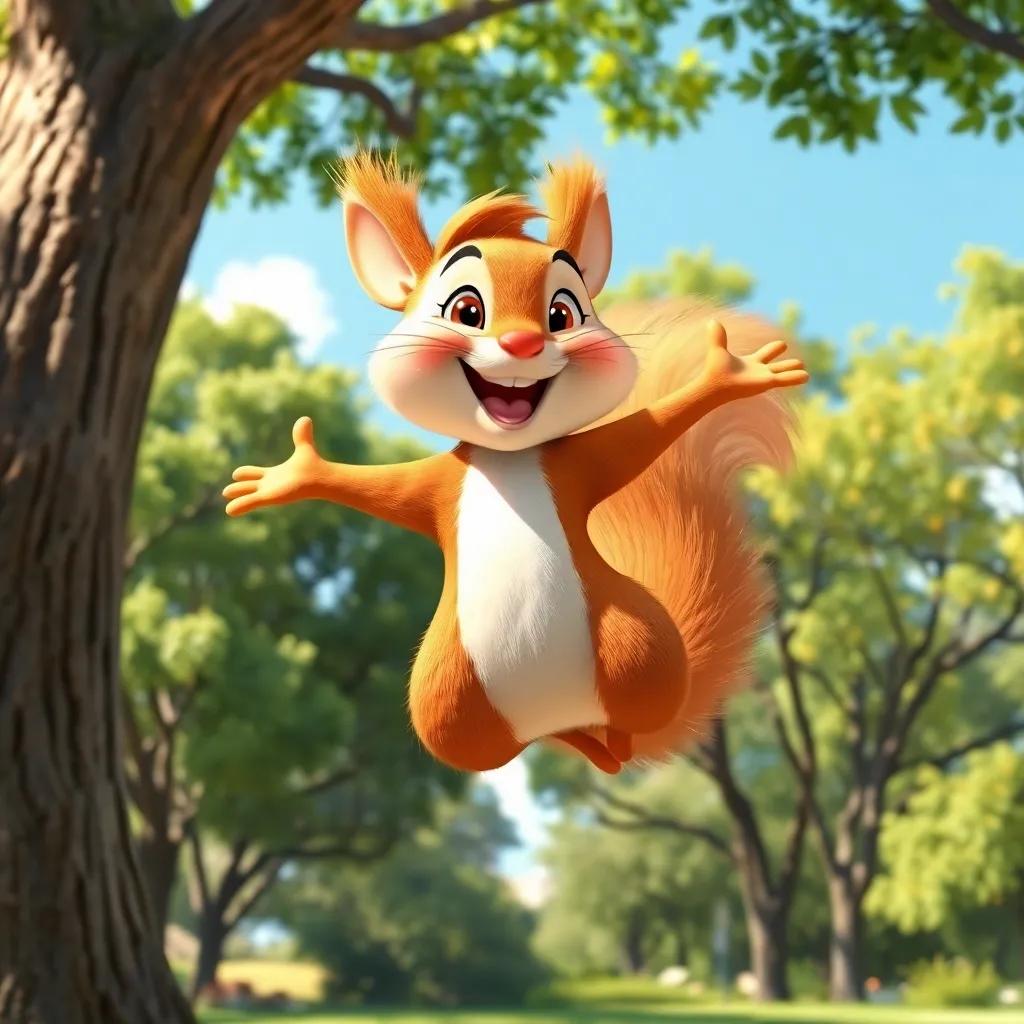 A cheerful squirrel named Risa, with light brown fur and a big smile, jumping joyfully from branch to branch of a tall tree in a sunny park, digital art, vibrant colors, playful atmosphere, high quality