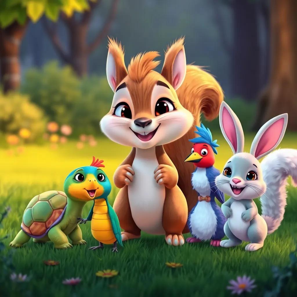 Risa the squirrel, with light brown fur and a big smiling face, inviting her friends in the park - Lenta the tortoise, colorful and slow, Volador the bird, vibrant and lively, and Salto the rabbit, fluffy and energetic, surrounded by nature, illustration, cheerful, friendly