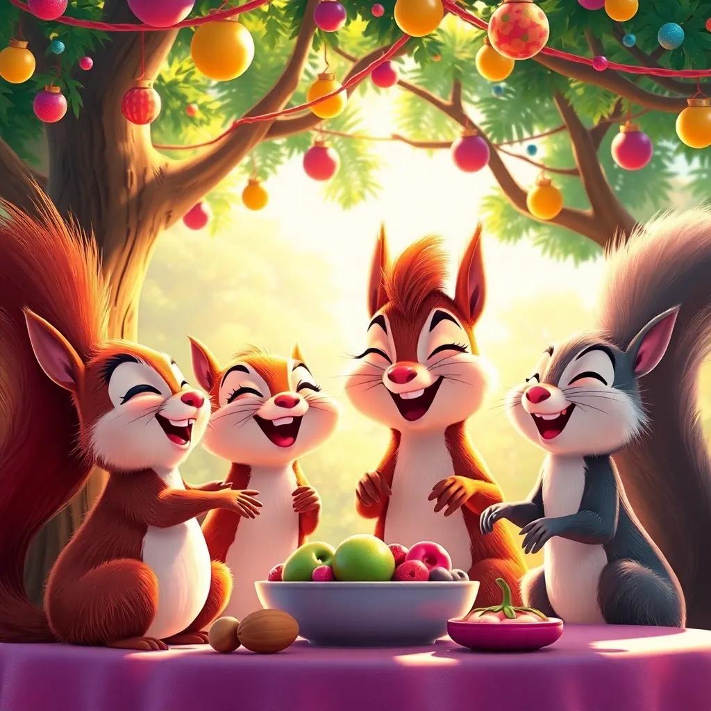 The joyful party scene under the colorful decorations of the tree, with Risa the happy squirrel serving fresh fruits and nuts to her friends - Lenta, Volador, and Salto, laughter in their eyes, warm sunlight, vibrant and colorful, high quality