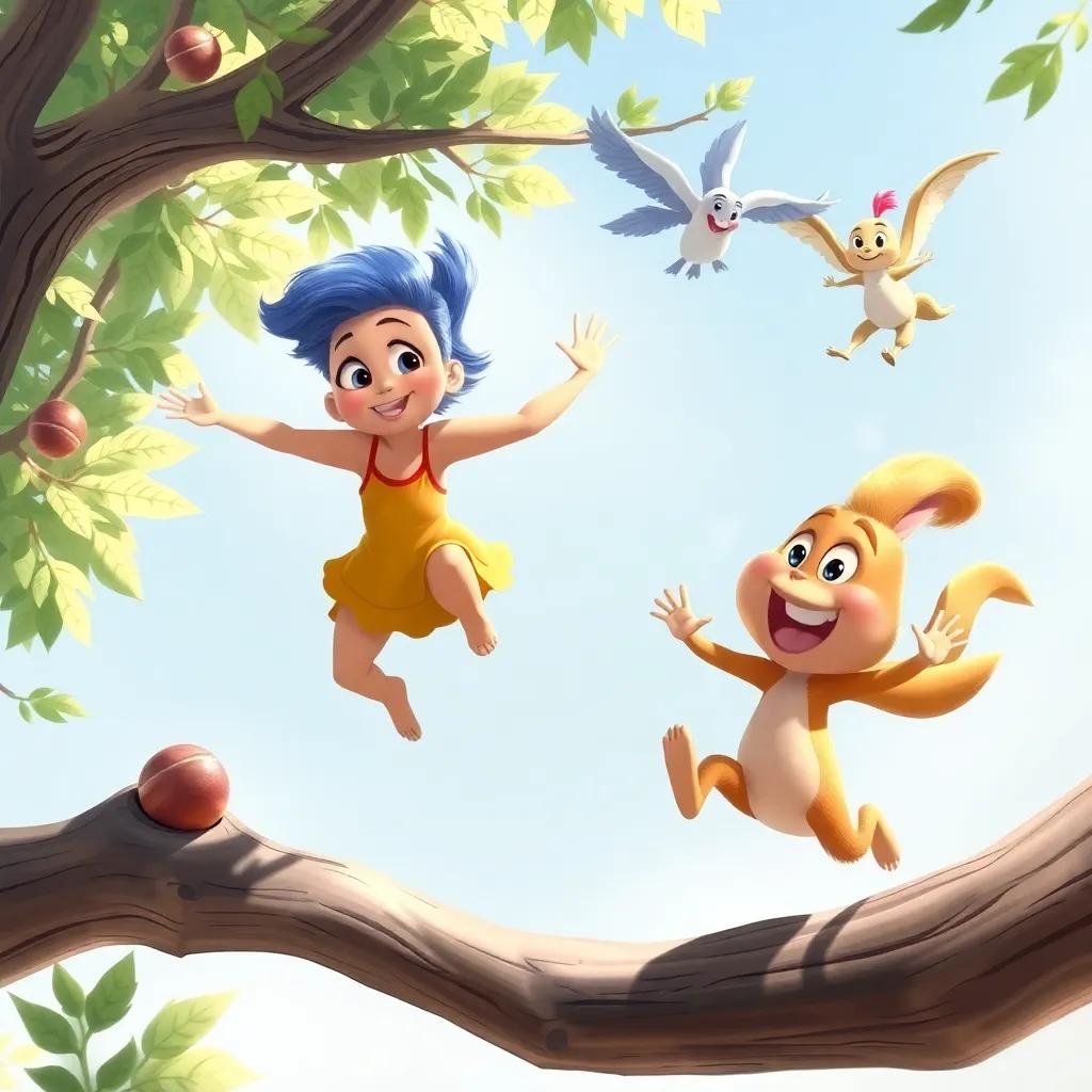 Risa and her friends playing games together like a nut hunt, Risa leaps between branches, Lenta slowly moving, Volador soaring above, Salto happily hopping, full of energy and laughter, digital painting, cheerful, lively