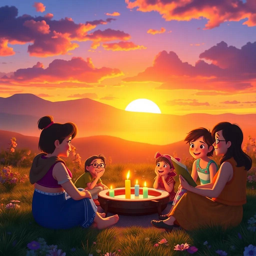A beautiful sunset view with Risa and her friends sitting in a circle, sharing funny stories, with smiles on their faces and a feeling of warmth, magical atmosphere, colorful background, heartwarming, high quality