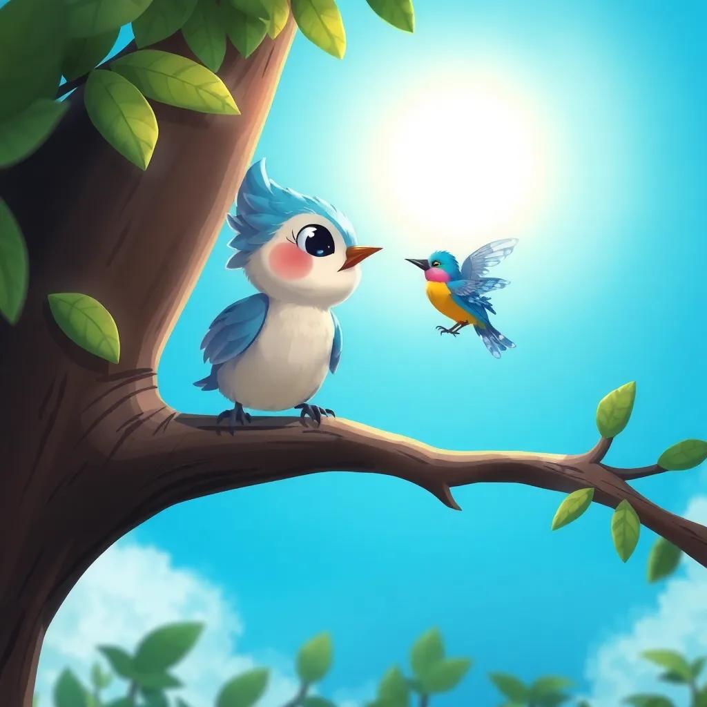 Lila la ardilla, salta de su árbol y se encuentra con un pájaro colorido en el cielo azul, iluminado por el sol, con un fondo de naturaleza, ilustración, colorida, aventura, amigable