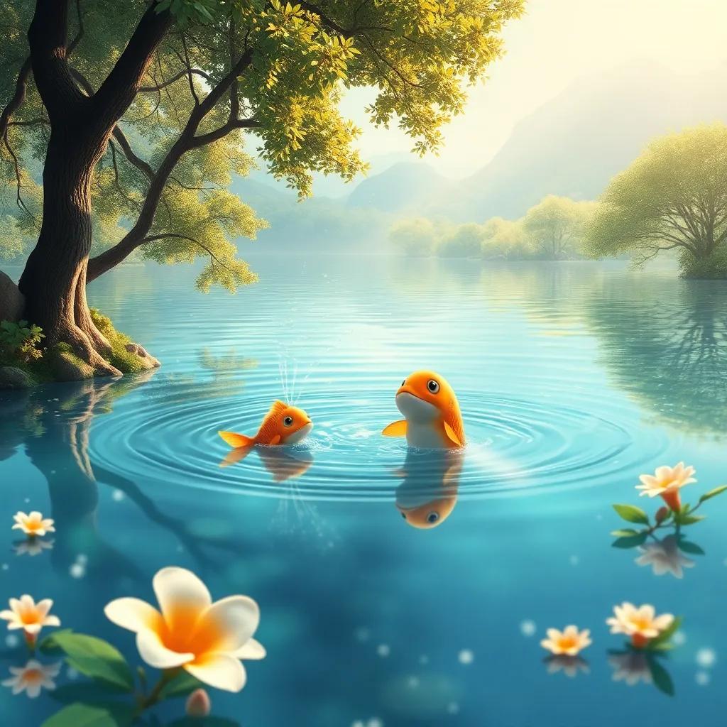 Un hermoso lago brillante, con una ardilla jugando en el agua, rodeada de árboles y flores, un pez dorado salta en el agua, digital art, cálidos colores, ambiente mágico, alto nivel de detalle
