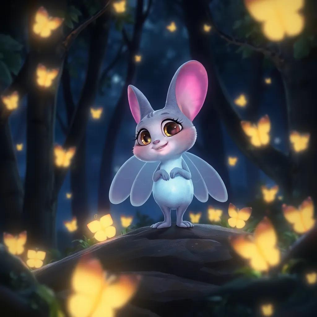 Lila la ardilla, en un bosque mágico por la noche, iluminado por pequeñas luces brillantes, rodeada de otras ardillas, una atmósfera festiva, digital painting, atmosférico, encantador