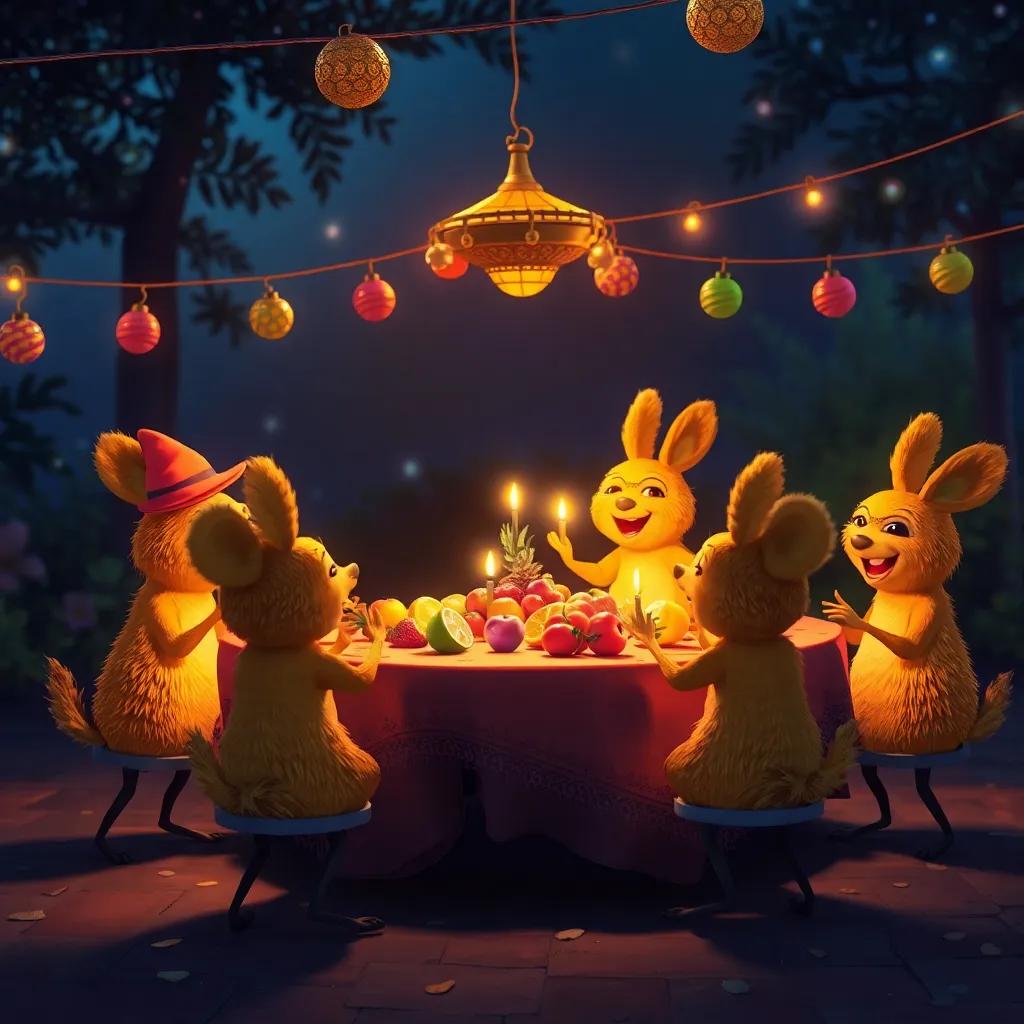 Un grupo de ardillas festivas, con una mesa llena de nueces y frutas, risas y bailes en el aire, escena de noche, colorida, esencialmente alegre, arte vibrante, alta definición