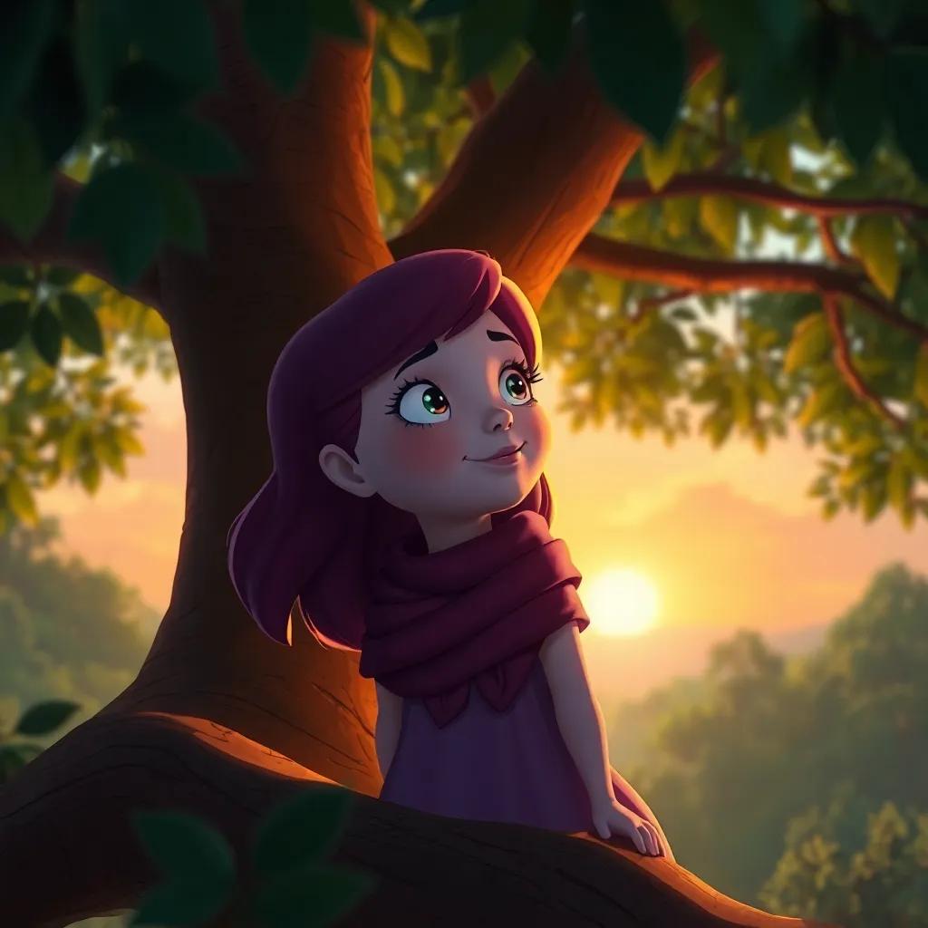 Lila, en su árbol, mirando el paisaje del bosque con una mirada de satisfacción, rodeada de sus recuerdos de aventuras, hermosa luz del atardecer, arte digital, suave y nostálgico