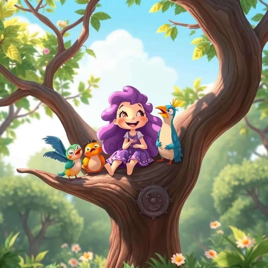 Lila, en su árbol con amigos ardillas, disfrutando de un día soleado, llenas de alegría y risas, el bosque lleno de vida a su alrededor, ilustración, vibrante y amigable