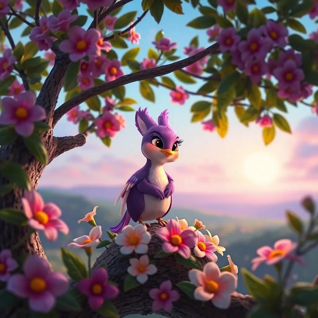 Lila, la ardilla feliz, en su árbol, rodeada de flores, con el horizonte hermoso al fondo, recordando sus aventuras, digital art, cálidos colores, perspectiva inspiradora