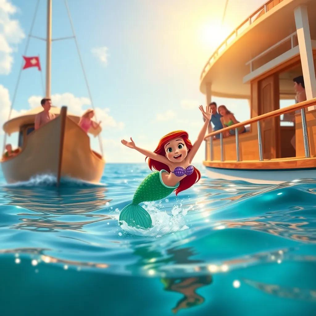 Marina, the little mermaid, jumping out of the water excitedly towards a boat, with people laughing and playing on the deck, sunny day, joyful atmosphere, digital art, bright and colorful