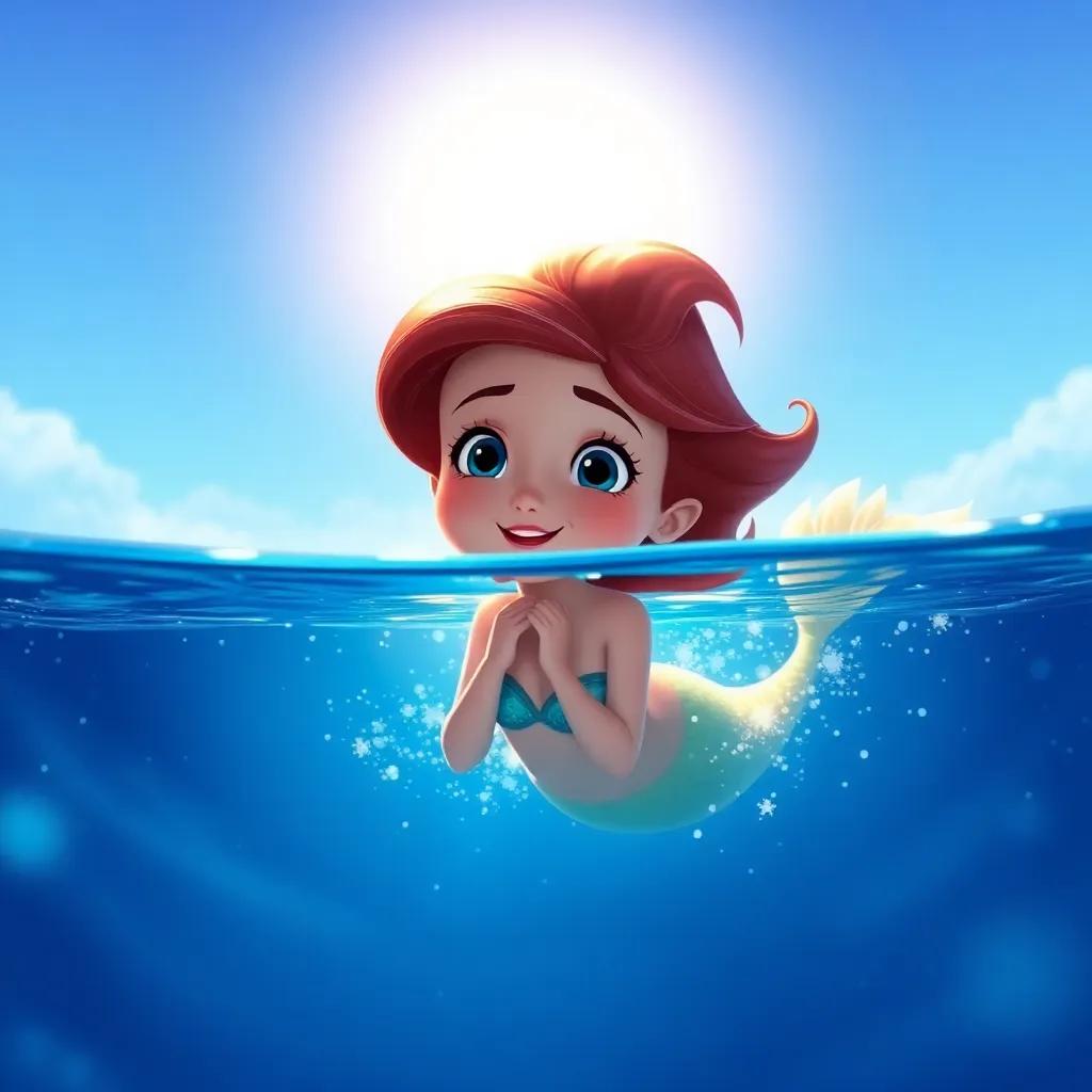 Marina, the little mermaid, floating at the ocean surface with the sun shining on her face, feeling both happy and a bit scared, blue sky, sparkling water, whimsical style, luminous