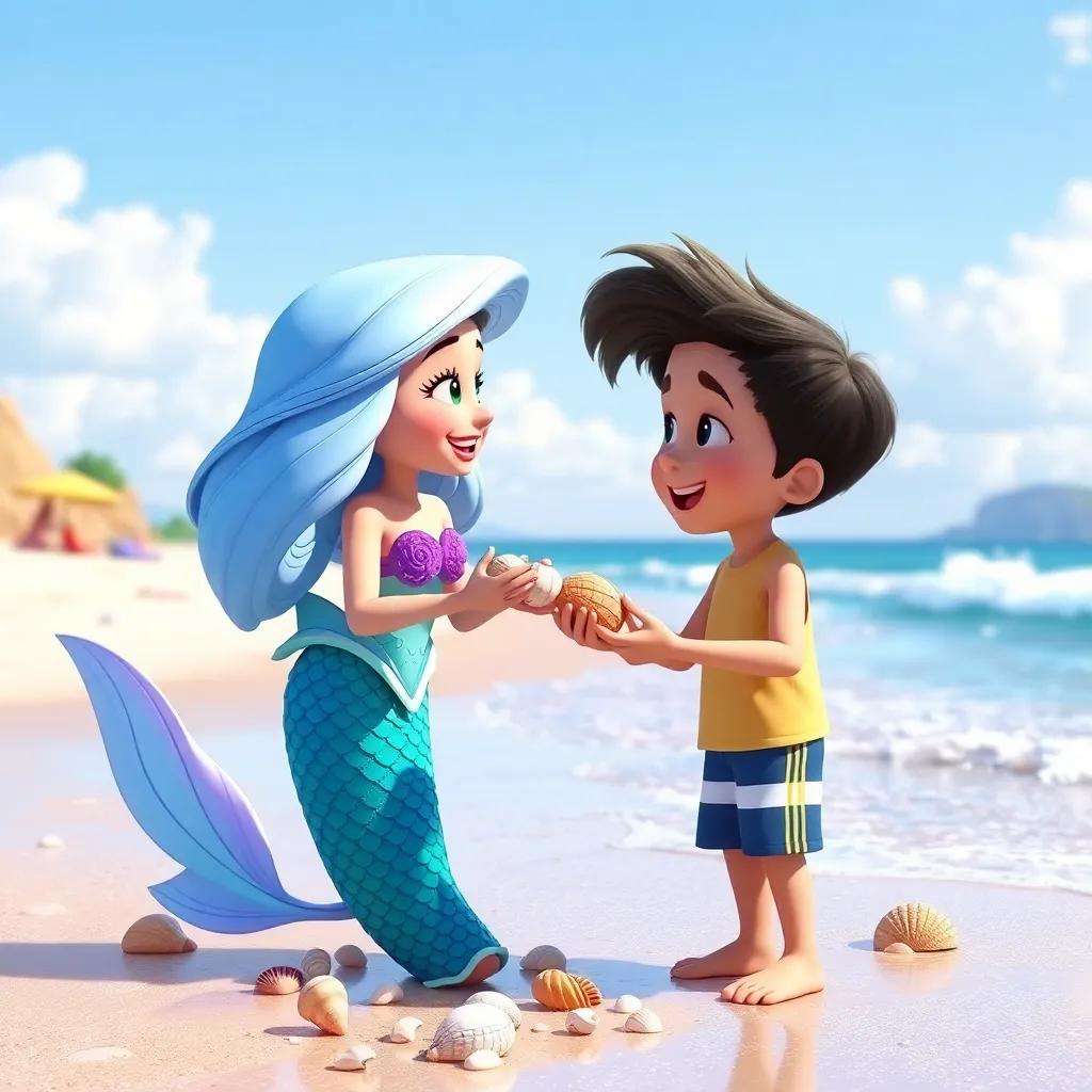 Marina, the little mermaid, meeting Tomás, a young boy on the beach collecting shells, both smiling at each other, sunny beach scene, playful and friendly atmosphere, cheerful colors, child-friendly