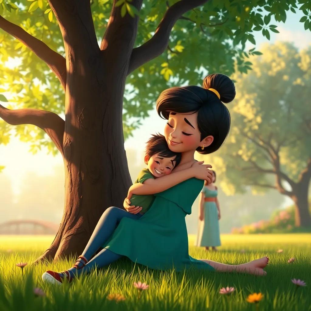 Tomás embracing his mother lovingly under a tree, with Marina watching, feeling warmth and love, serene park scene, bright colors, emotional and heartfelt atmosphere