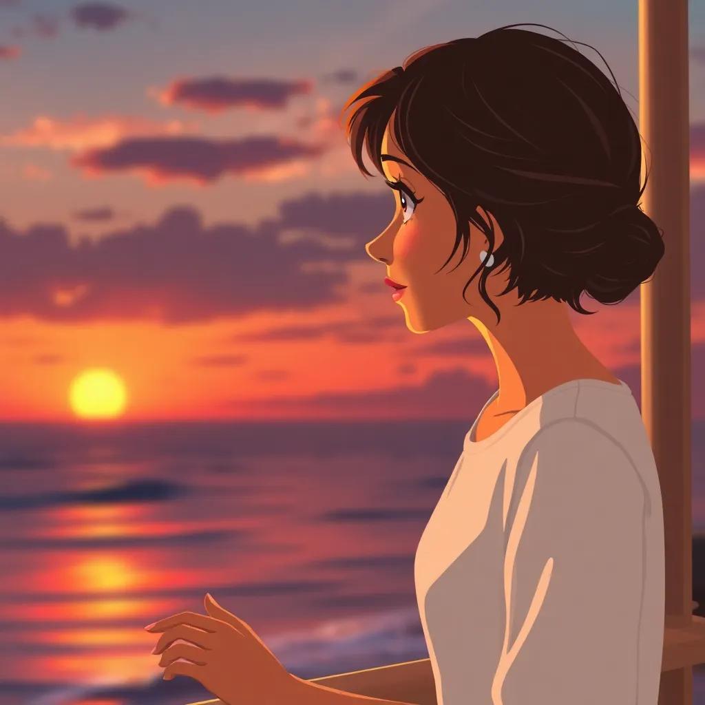 Marina feeling nostalgic and thoughtful as she gazes at the ocean, remembering her family, sunset view, peaceful and reflective, warm tones