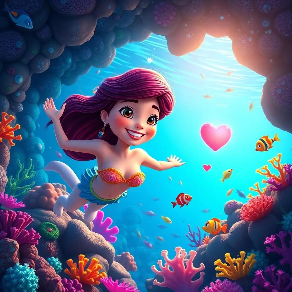 Marina swimming back to her ocean home with a smile, her heart full of love, colorful underwater scene with coral, fish, and sea creatures, vibrant and inviting