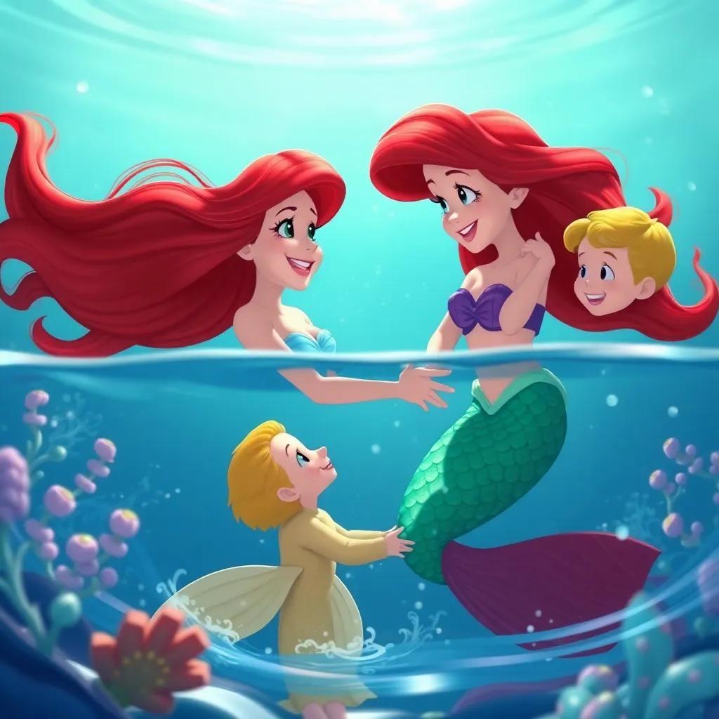 Marina, the little mermaid, reuniting with her family in the ocean, joyful and heartwarming scene, bright aquatic colors, celebration and togetherness, enchanted atmosphere