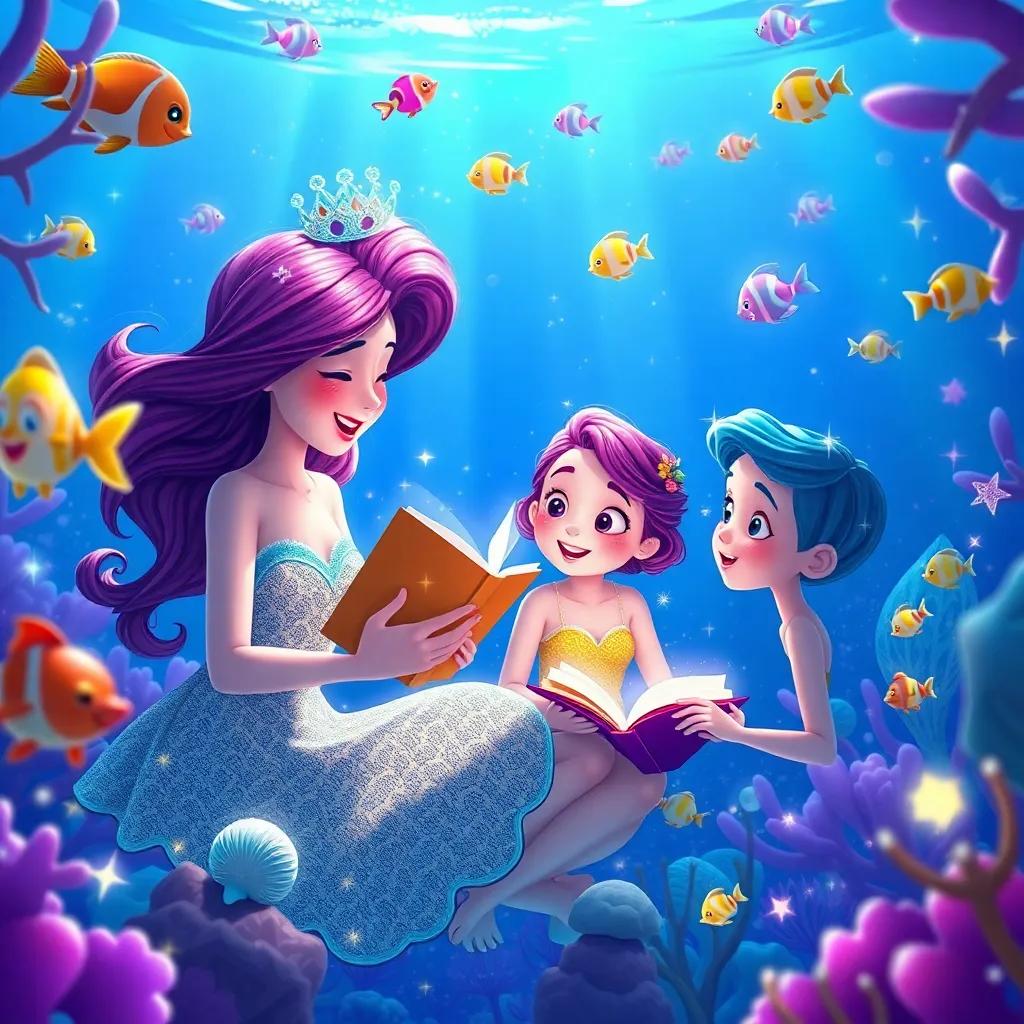 Marina sharing stories of her adventures with her sisters underwater, surrounded by sparkling sea life, colorful, happy, and lively underwater scene, imaginative and dreamlike
