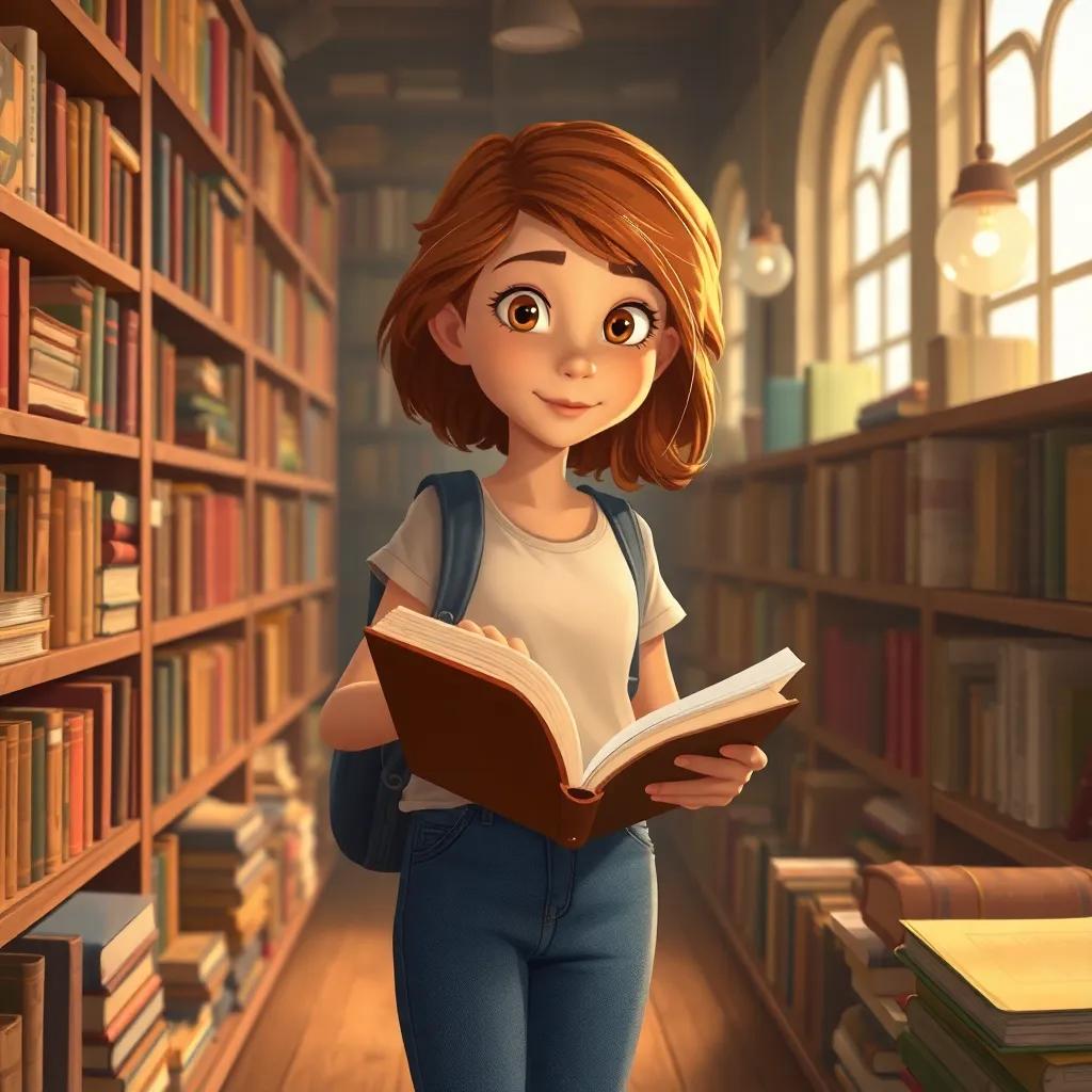 Laura, una niña curiosa con cabello castaño, usando una camiseta y jeans, descubriendo un libro polvoriento en una biblioteca llena de libros antiguos, ilustración, estilo encantador, suave luz, colores cálidos, perspectiva amigable, alta calidad