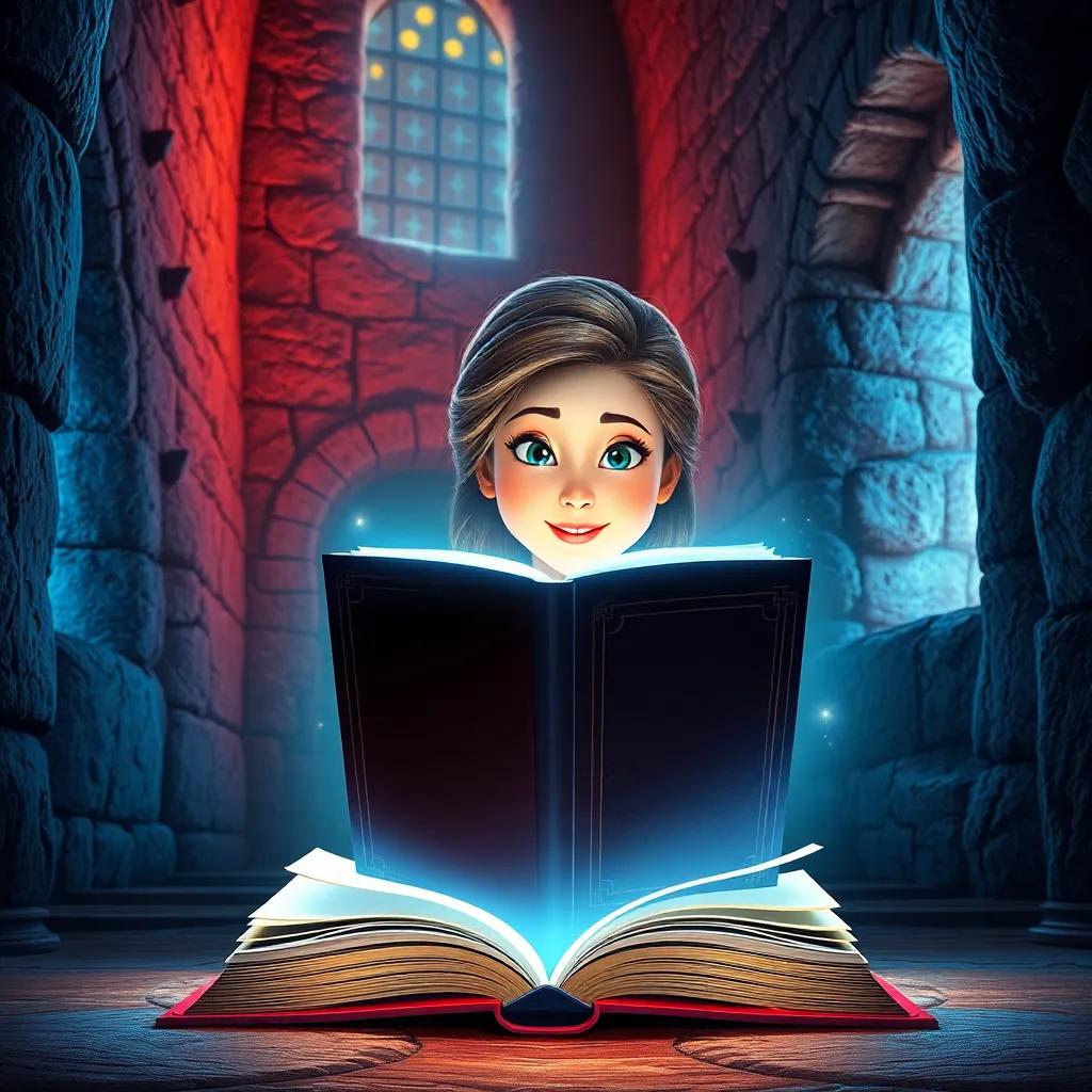 Una luz brillante emergiendo de un libro polvoriento, iluminando el rostro de Laura, en un antiguo castillo con murallas de piedra y ventanas de colores, digital art, vibrante, mágico, detalle nítido
