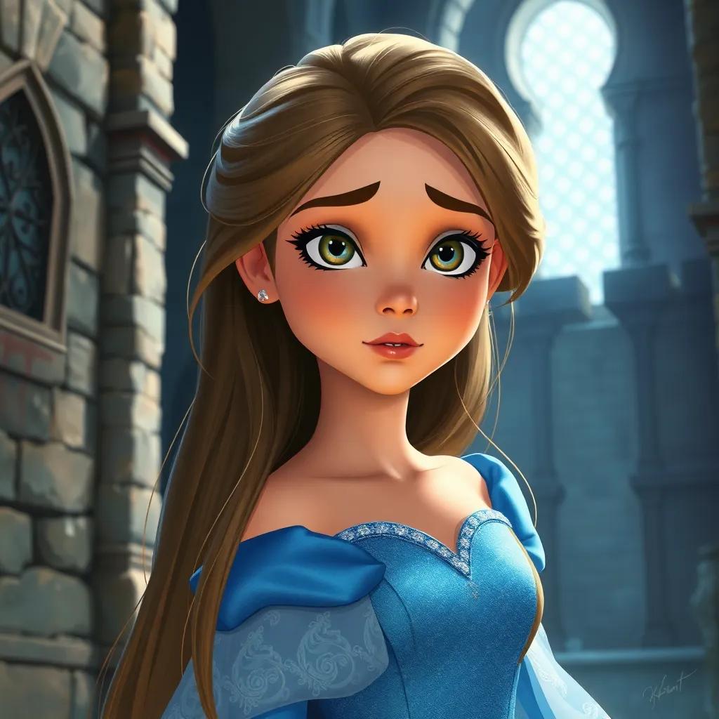 Una joven princesa, con largo cabello dorado y un vestido azul brillante, en un castillo, con lágrimas de tristeza en su rostro, digital painting, rica en detalles, colores suaves, perspectiva conmovedora, calidad alta