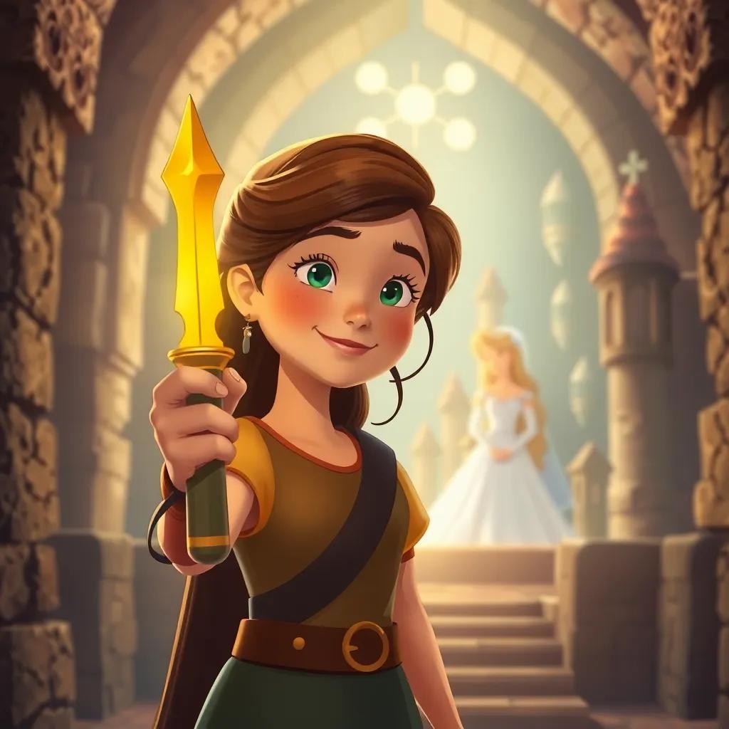Laura, con una sonrisa, sosteniendo una llave dorada en su mano, delante de la princesa dentro del castillo, acogedor, cálido, con luz dorada, ilustración amigable