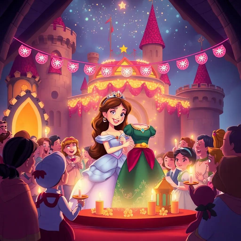 Una celebración en un castillo, con la princesa y Laura rodeadas de habitantes volviendo a la vida, risas y un festín lleno de colorido, ilustración del ambiente festivo, iluminado, cálido