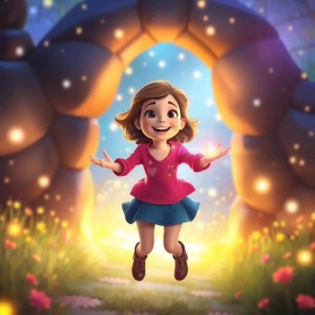 Laura, brillando de felicidad, cruzando un portal mágico, con luces parpadeantes, volviendo a un entorno diferente, arte digital, vibrante, mágico, calidad alta