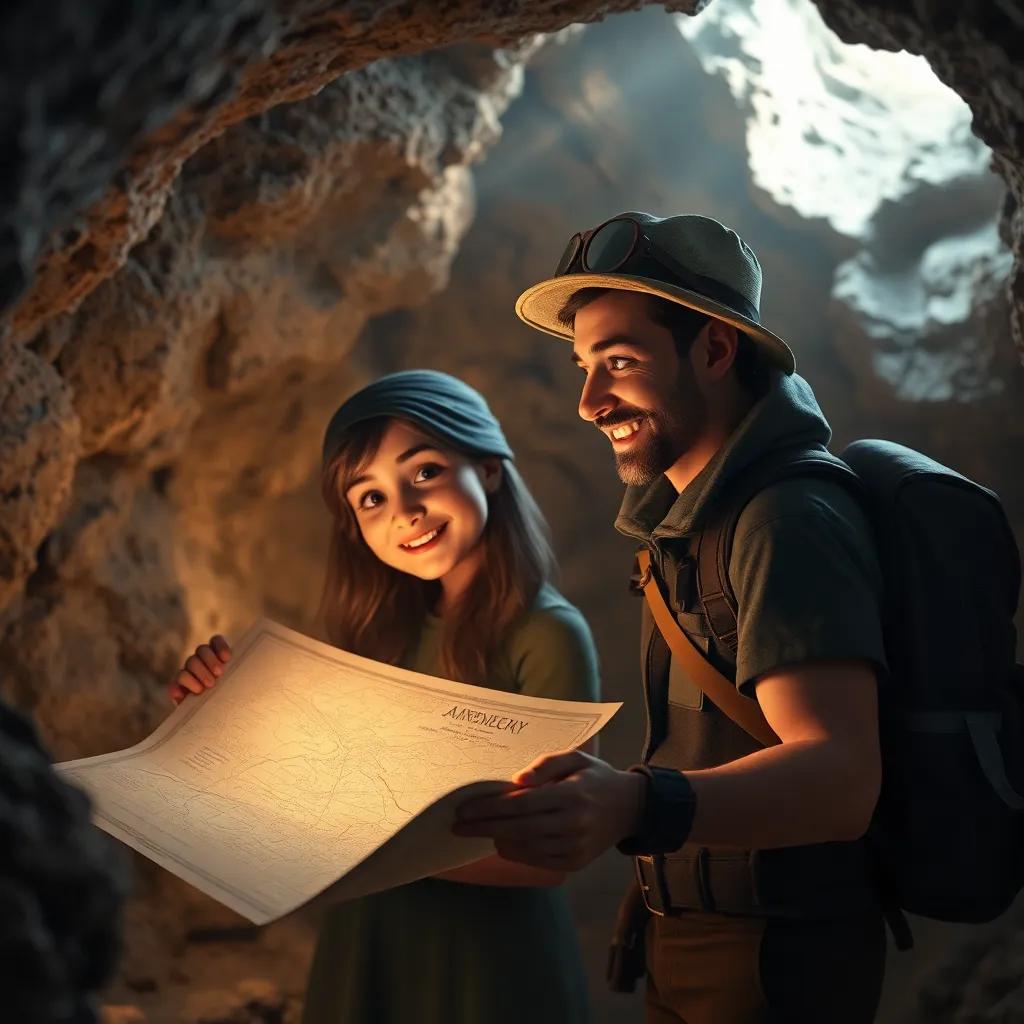 Laura y un explorador, observando antiguos mapas con alegría y asombro, en una cueva misteriosa, con luz de linterna y sombras intrigantes, arte digital, detallado, capturando el momento
