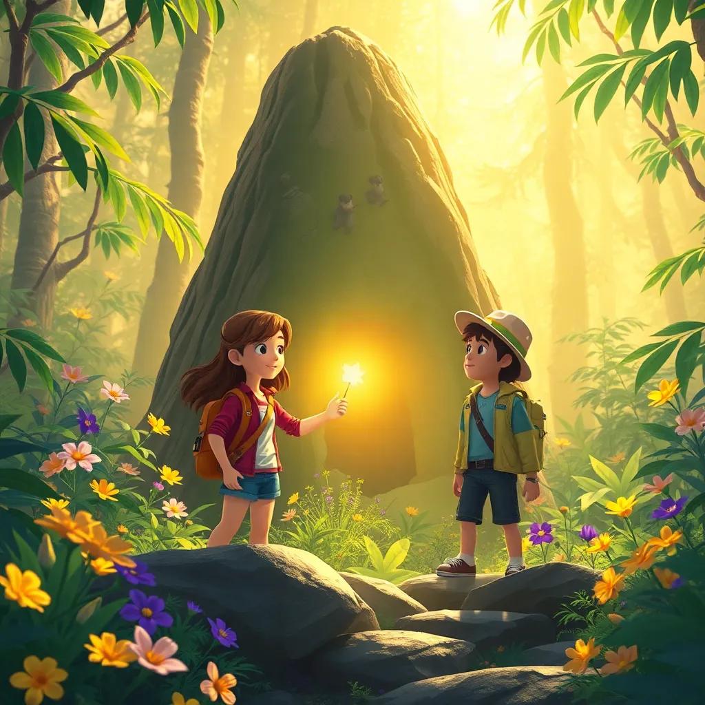 Un tesoro resplandeciente en la selva, rodeado de flores brillantes y vegetación, con Laura y el explorador emocionados, pintoresco, exploración, luz brillante, ilustración envolvente