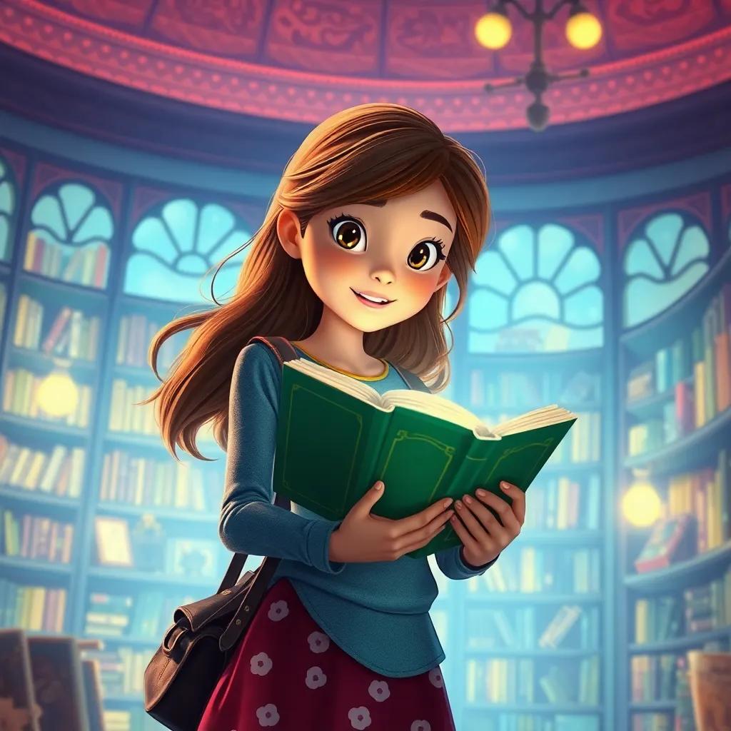 Laura, regresando a la biblioteca con el libro polvoriento en manos, el fondo iluminado, lleno de magia y aventuras, arte digital, cálido, nostálgico, imagen inspiradora