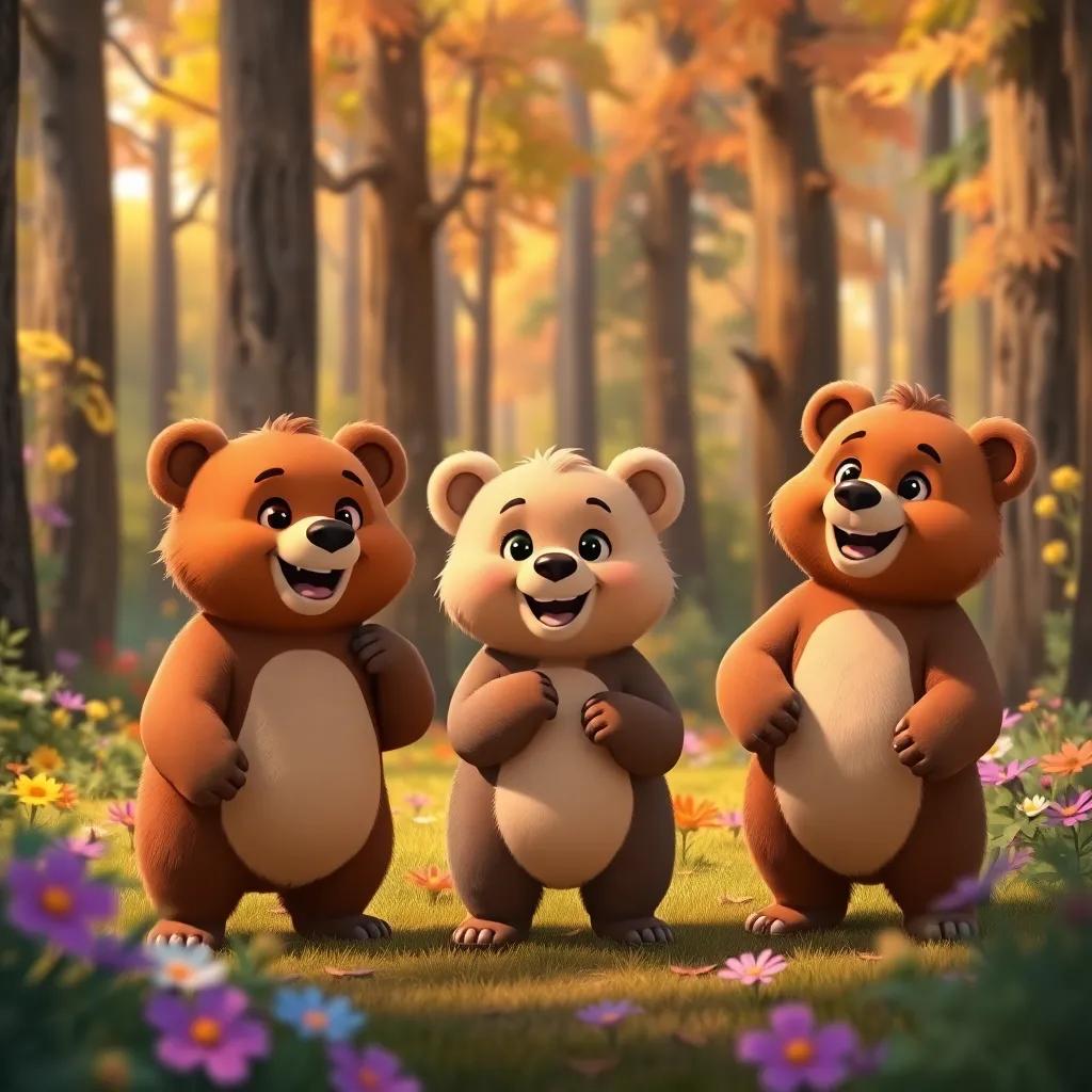 Tres bear cubs, Tomás, Lila, and Bruno, playful and fuzzy, standing in a colorful forest filled with tall trees and bright flowers, cheerful atmosphere, digital art, warm colors, inviting scene, high quality