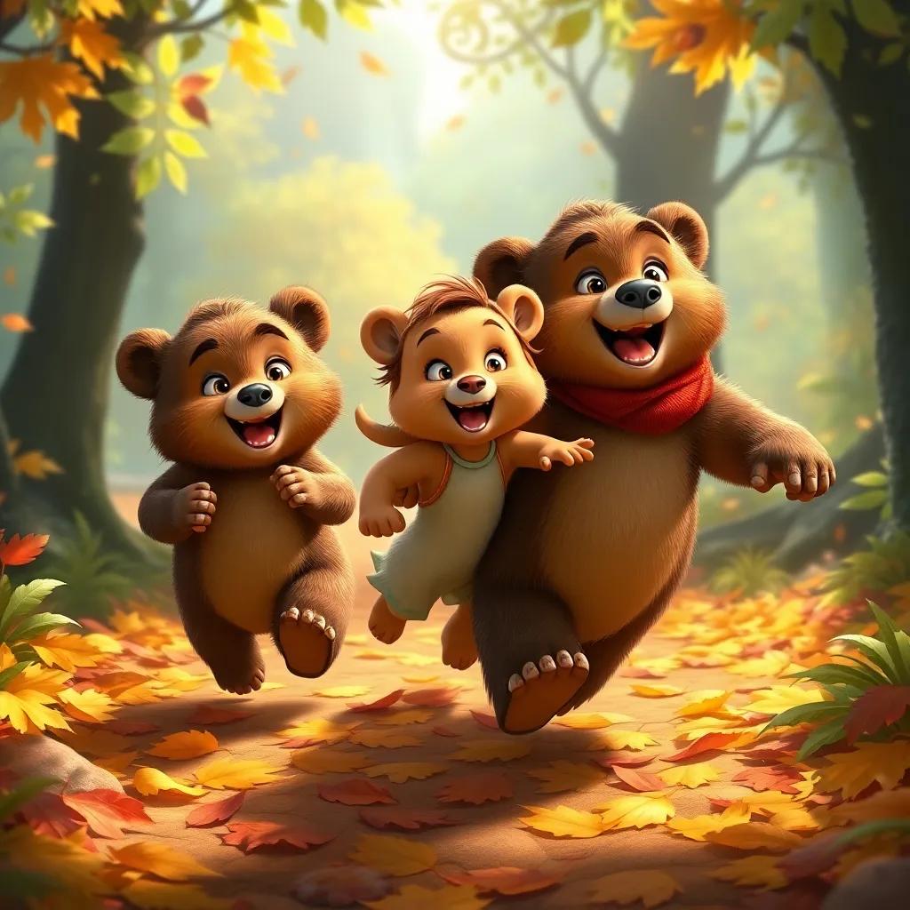 Three bear cubs, playful Tomás, curious Lila, and brave Bruno, running on a magical leaf-covered path, laughter in the air, sparkling sunlight, vibrant colors, happy mood, high quality