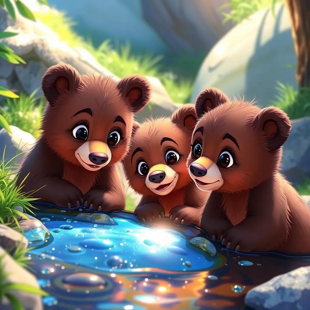 Three bear cubs, Lila with a curious gaze, looking at a shiny stream with sparkling water, surrounded by nature, colorful scene, bright light, inviting, high quality