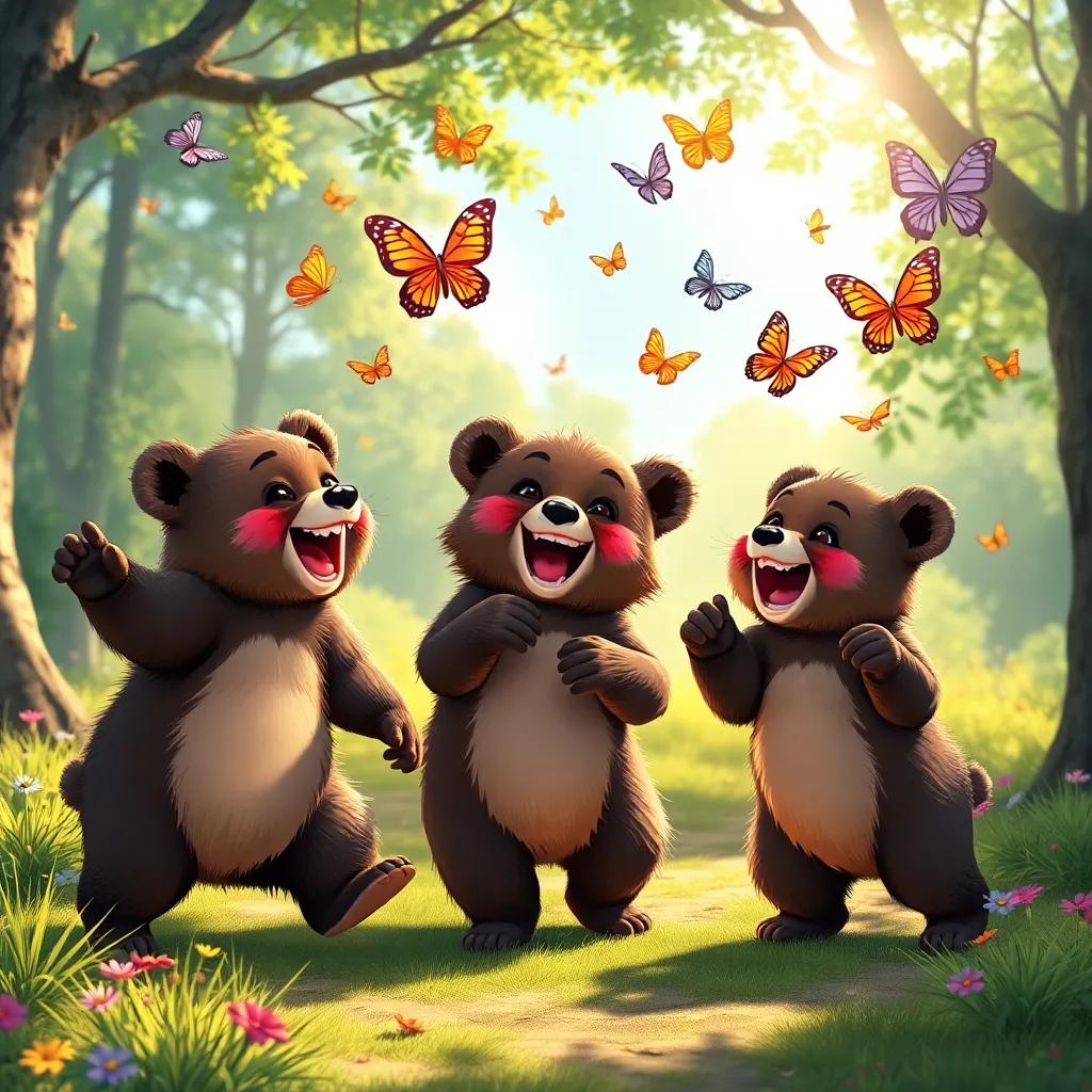 Three bear cubs, excitedly dancing with colorful butterflies in a sunny clearing, laughter and joy, bright sunlight filtering through the trees, vibrant colors, whimsical atmosphere, high quality
