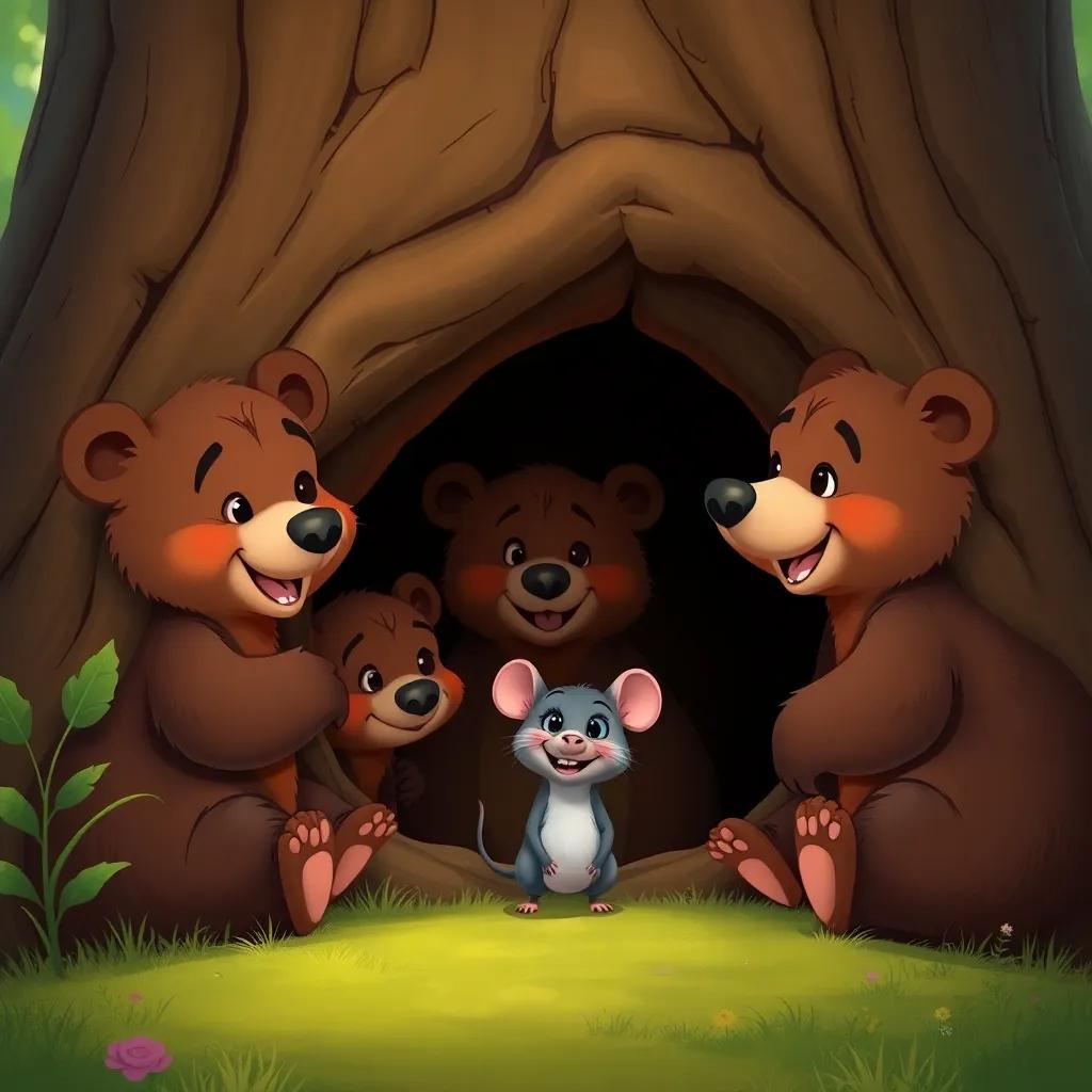 Three bear cubs, Tomás, Lila, and Bruno, peeking into a big tree hole, where a small mouse named Miguel welcomes them with a smile, warm and friendly scene, bright colors, inviting, high quality